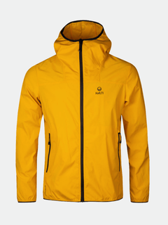 The Halti Pallas Mens Lite X-stretch jacket in yellow with black zippers, shown against a plain background.