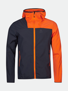 The Halti Pallas Mens Lite X-stretch jacket features a hood, orange/navy panels, front zipper, and zippered pockets.