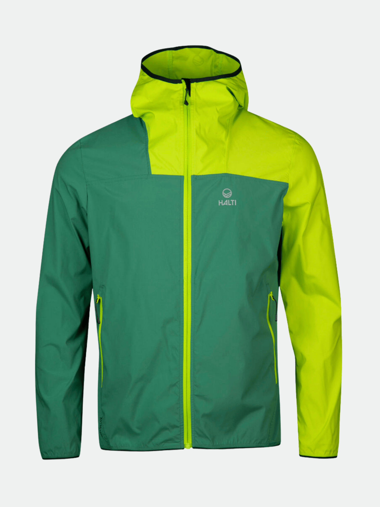 Halti Pallas Mens Lite X-stretch jacket: green/yellow, lightweight, zip pockets, Halti logo on left chest.