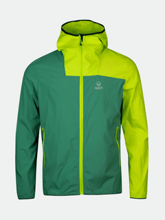 Halti Pallas Mens Lite X-stretch jacket: green/yellow, lightweight, zip pockets, Halti logo on left chest.