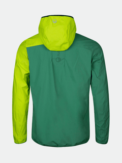 The Halti Pallas Mens Lite X-stretch jacket in green-yellow features a hood and is shown from the back on white.