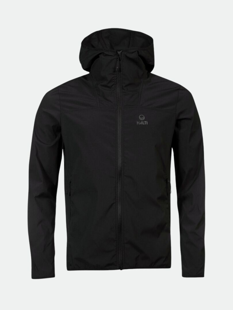 The Halti Pallas Mens Lite X-stretch black jacket features long sleeves, a front zipper, and two zippered pockets.