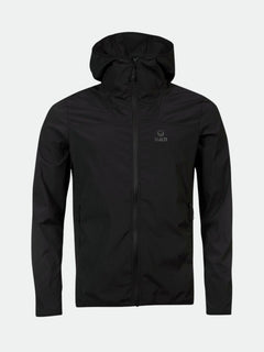 The Halti Pallas Mens Lite X-stretch black jacket features long sleeves, a front zipper, and two zippered pockets.