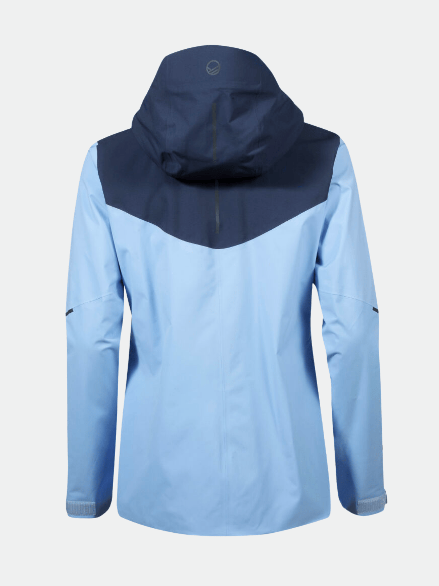 The Halti Nummi Women's DrymaxX Shell Jacket, made with recycled membrane, is shown from the back on a white background.