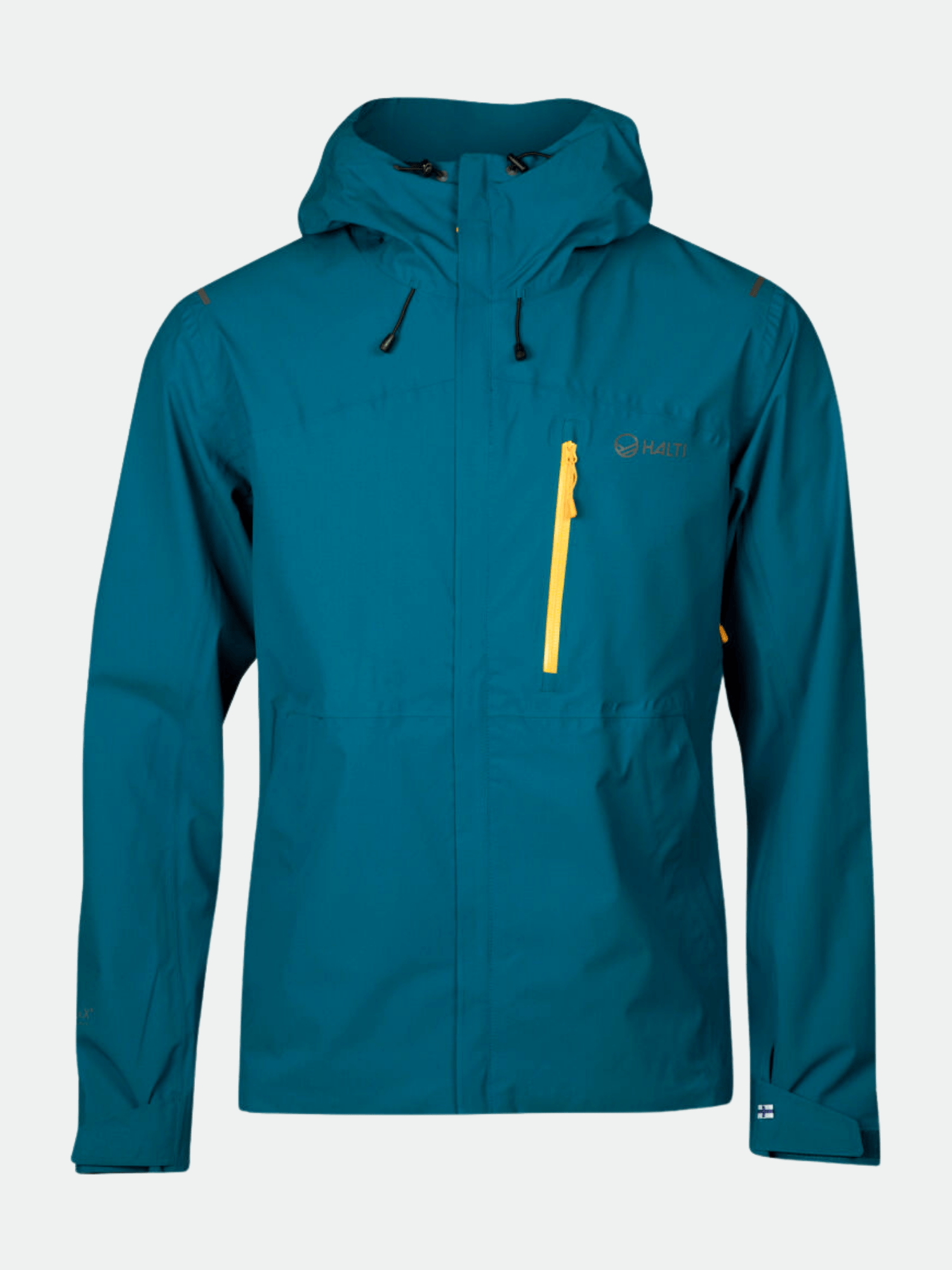 Halti Nummi Men's DrymaxX Shell Jacket in teal with yellow chest pocket, made from recycled material, on plain background.