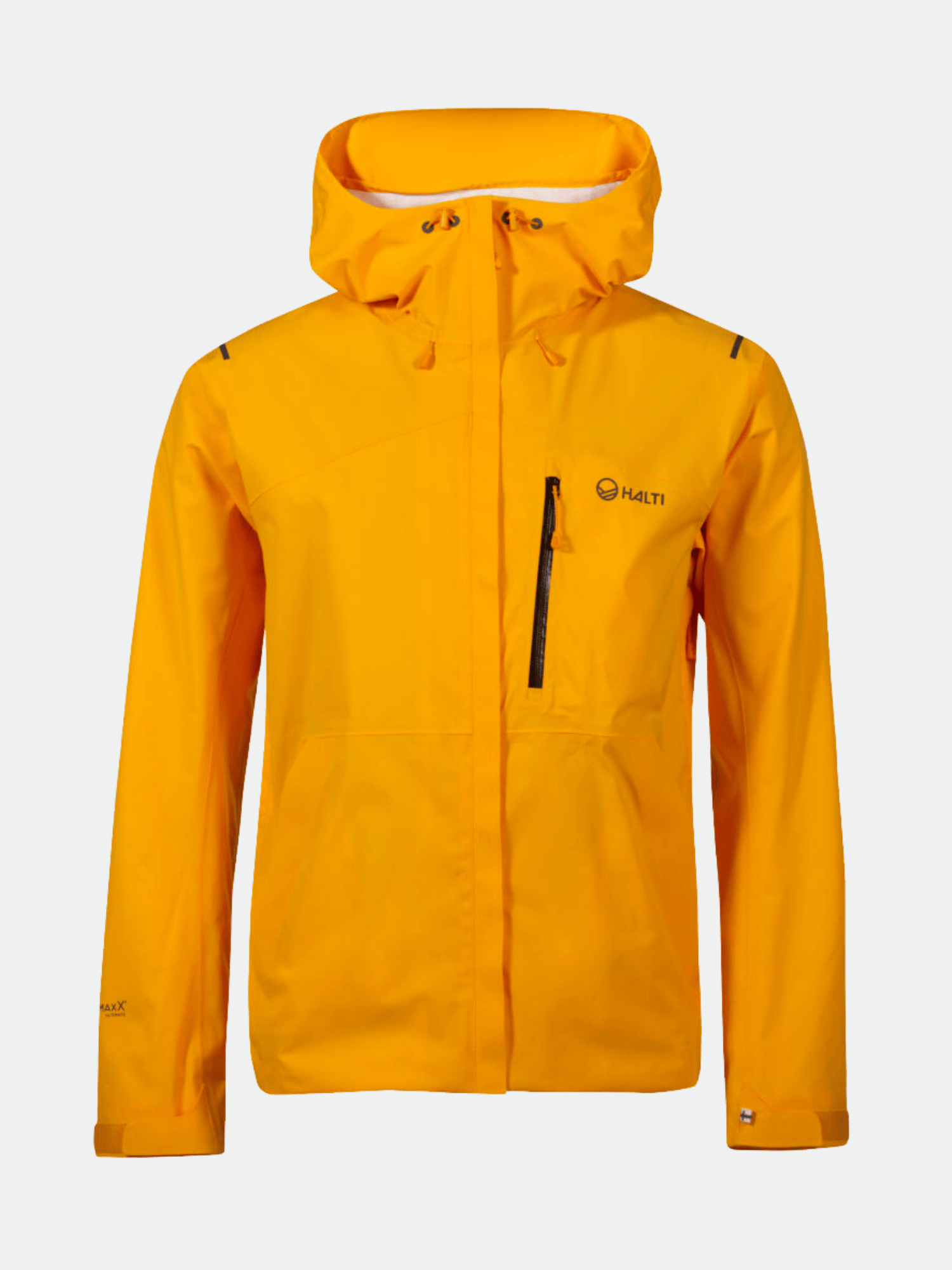 Halti Nummi Men's DrymaxX Shell Jacket—bright yellow, waterproof, zip chest pocket, and breathable membrane.