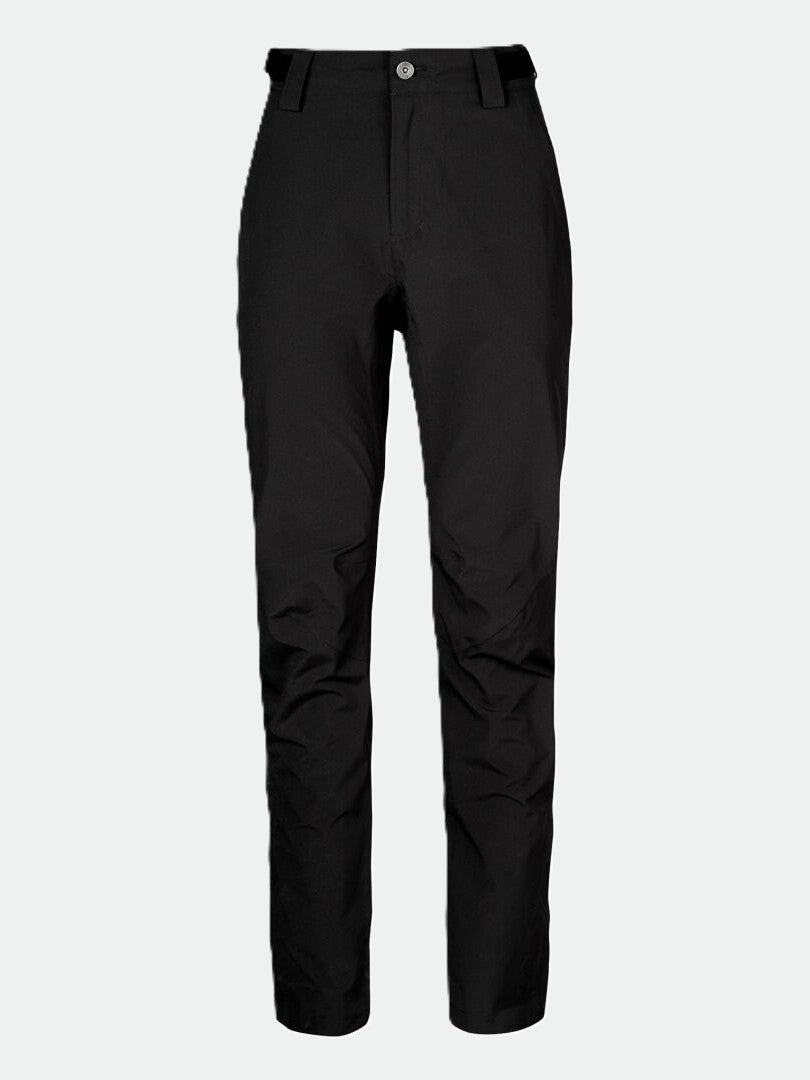 Juonto Womens Shell Pants by Halti: black, waterproof, breathable, straight-leg with belt loops, button, and pockets.