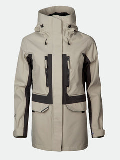 Halti Hiker Womens DrymaxX Parka Jacket in beige/black, hooded, waterproof, with zip pockets shown on plain background.