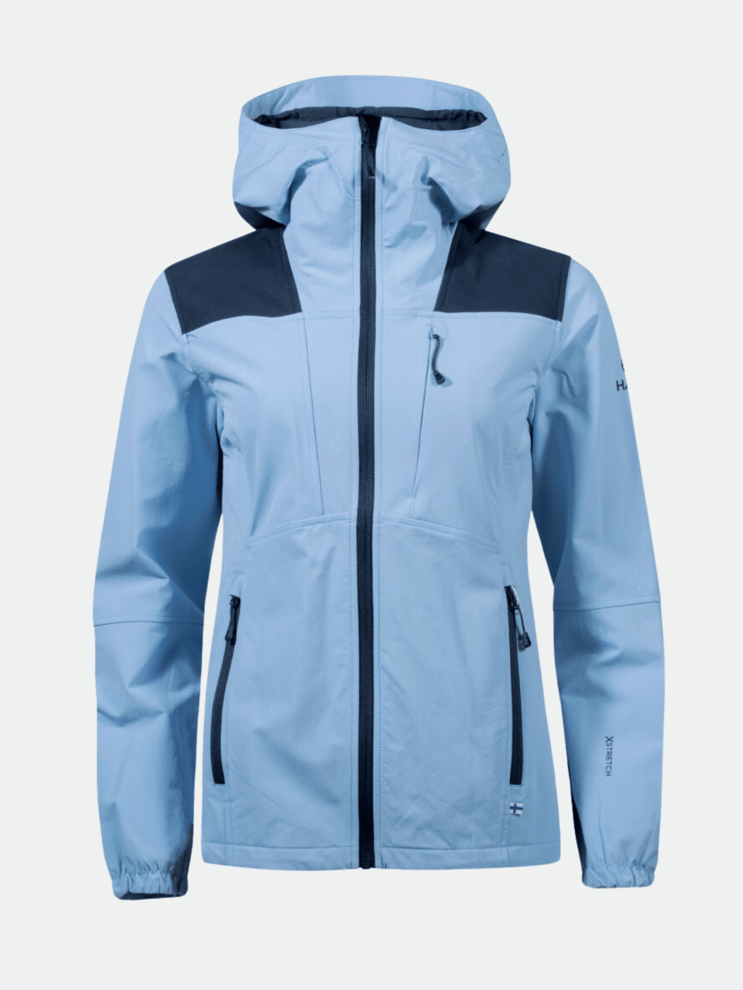 Halti Pallas Women's Warm X-stretch Jacket in light blue with dark panels, front zipper, chest and zippered side pockets.