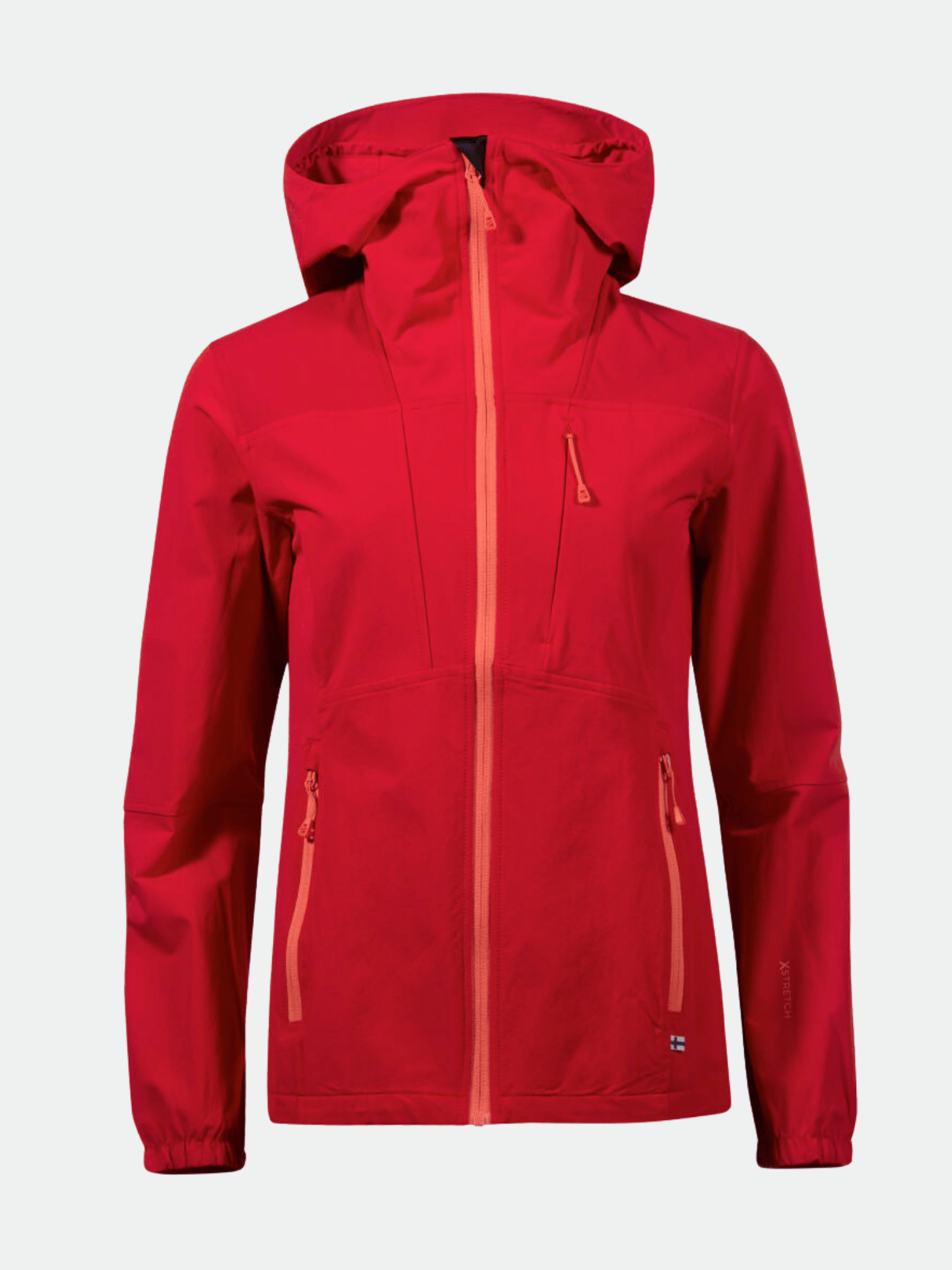 Halti Pallas Women's Warm X-stretch red jacket with front zipper, side pockets, and chest pocket, shown on plain background.