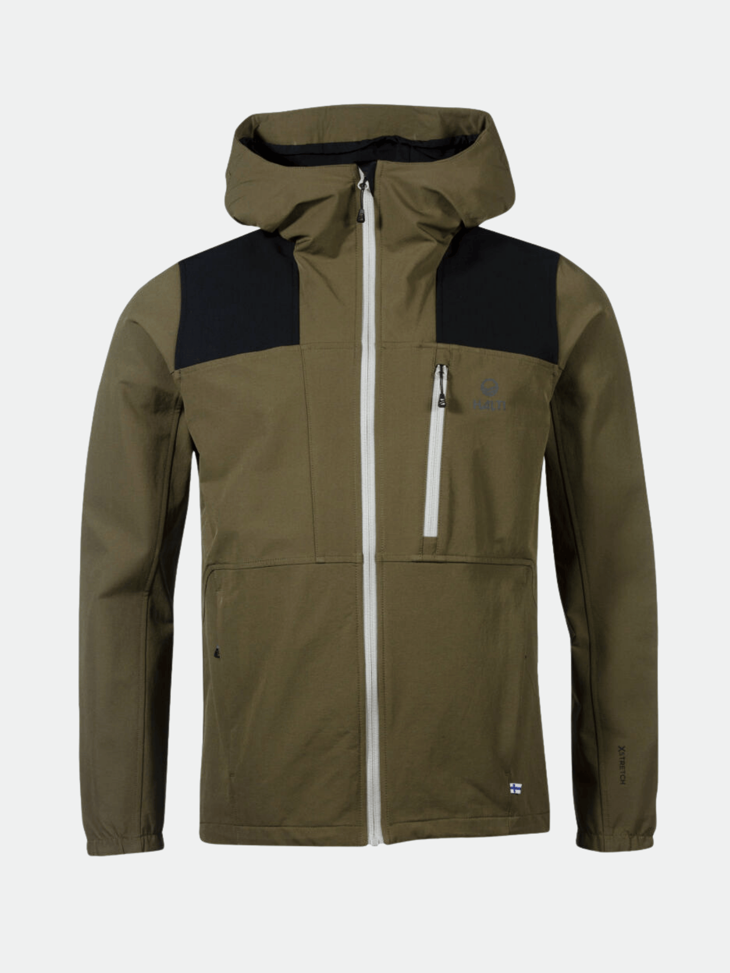 Halti Pallas Men's Warm X-stretch green/black jacket with hood, front zipper, and pockets shown on plain background.