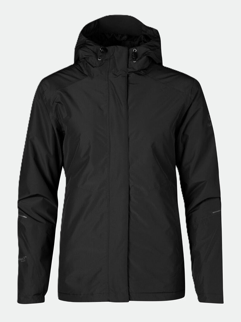 Halti Fort Womens Warm Shell Jacket—black, waterproof, hooded, recycled polyester, front zipper; shown on light background.