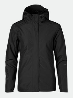 Halti Fort Womens Warm Shell Jacket—black, waterproof, hooded, recycled polyester, front zipper; shown on light background.