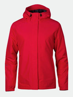 The Halti Fort Womens Warm Shell Jacket in bright red features long sleeves, a front zipper, and flap closure.