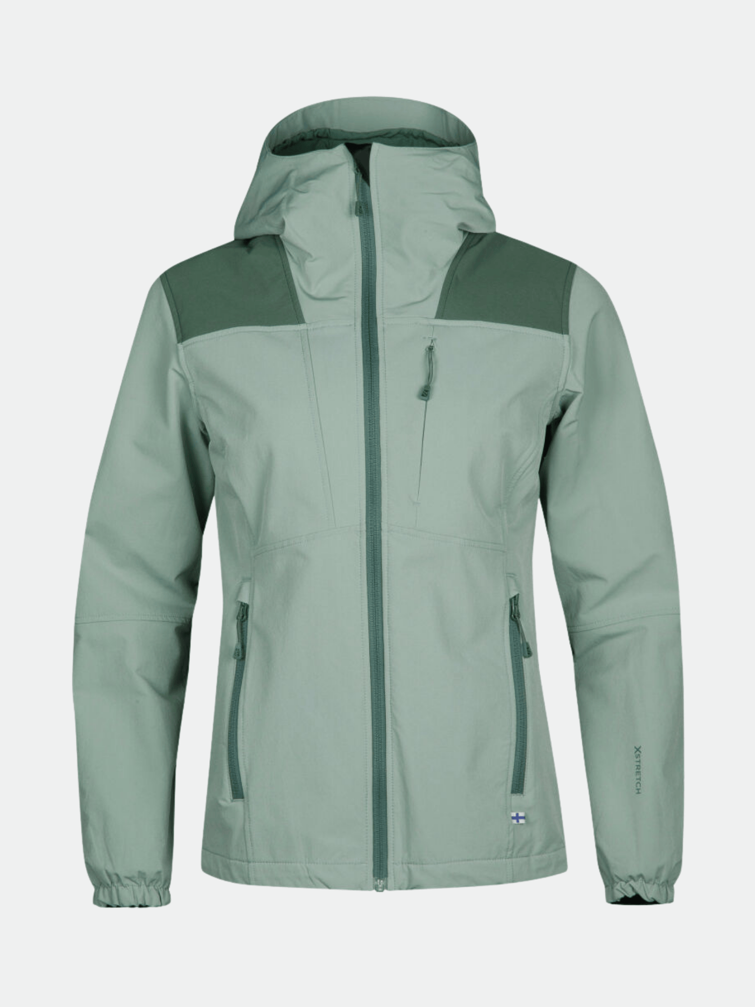 Halti Pallas Plus Women Warm X-Stretch jacket in light green with zip pockets, elastic cuffs, and dark panels on display.