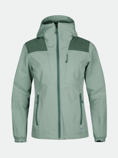 Halti Pallas Plus Women Warm X-Stretch jacket in light green with zip pockets, elastic cuffs, and dark panels on display.