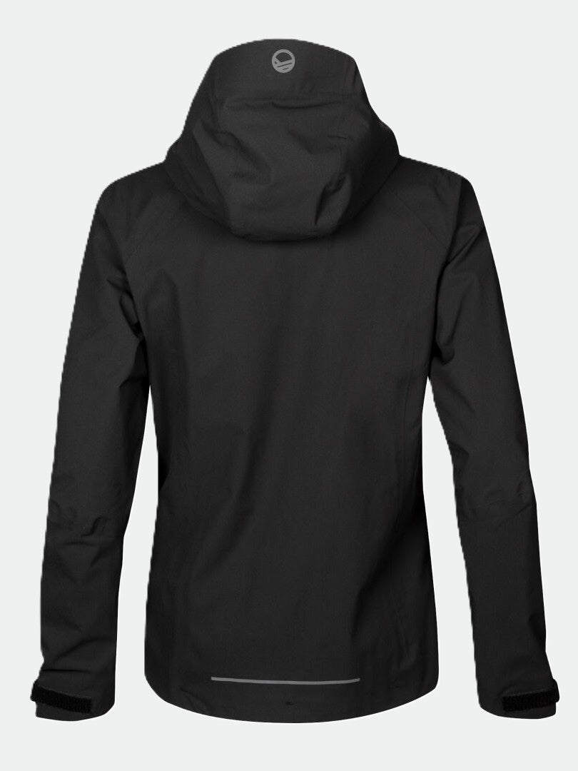 Back of Halti Biegga Womens DrymaxX Shell Jacket in black, waterproof with recycled membrane and hem reflective strip.