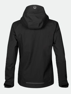 Back of Halti Biegga Womens DrymaxX Shell Jacket in black, waterproof with recycled membrane and hem reflective strip.