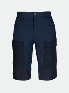 Halti Hiker Mens Lite Shorts in navy blue with dark patch pockets and a front button-zip, shown on plain background.
