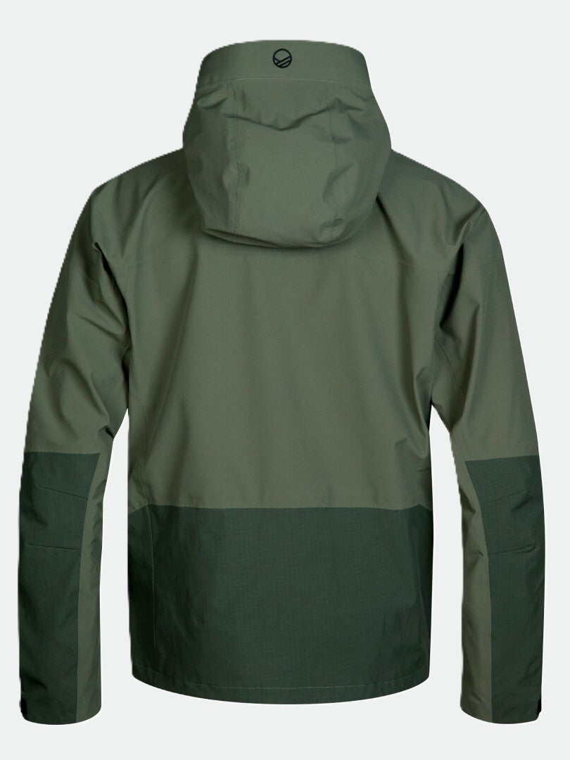 The Halti Hiker DrymaxX 3L Ventilated Jacket Mens in green features darker green panels on the lower back and forearms.