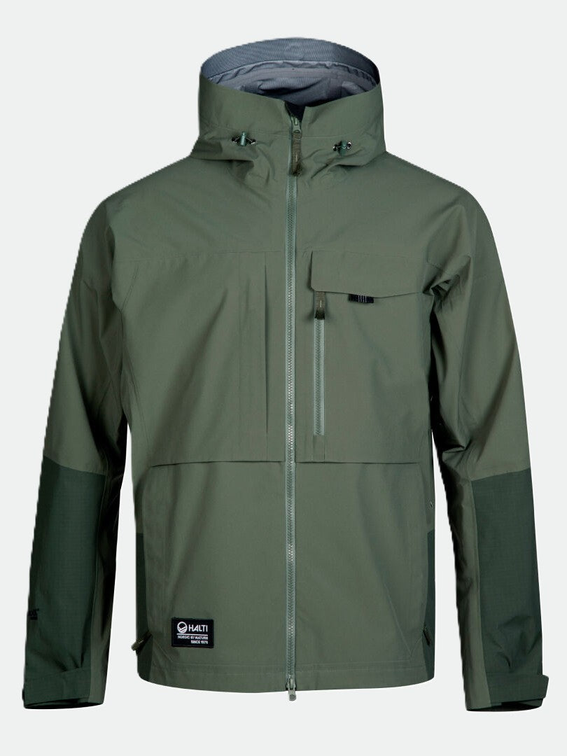 The Halti Hiker DrymaxX 3L Ventilated mens jacket in green features a chest pocket, front zipper, and reinforced elbows.