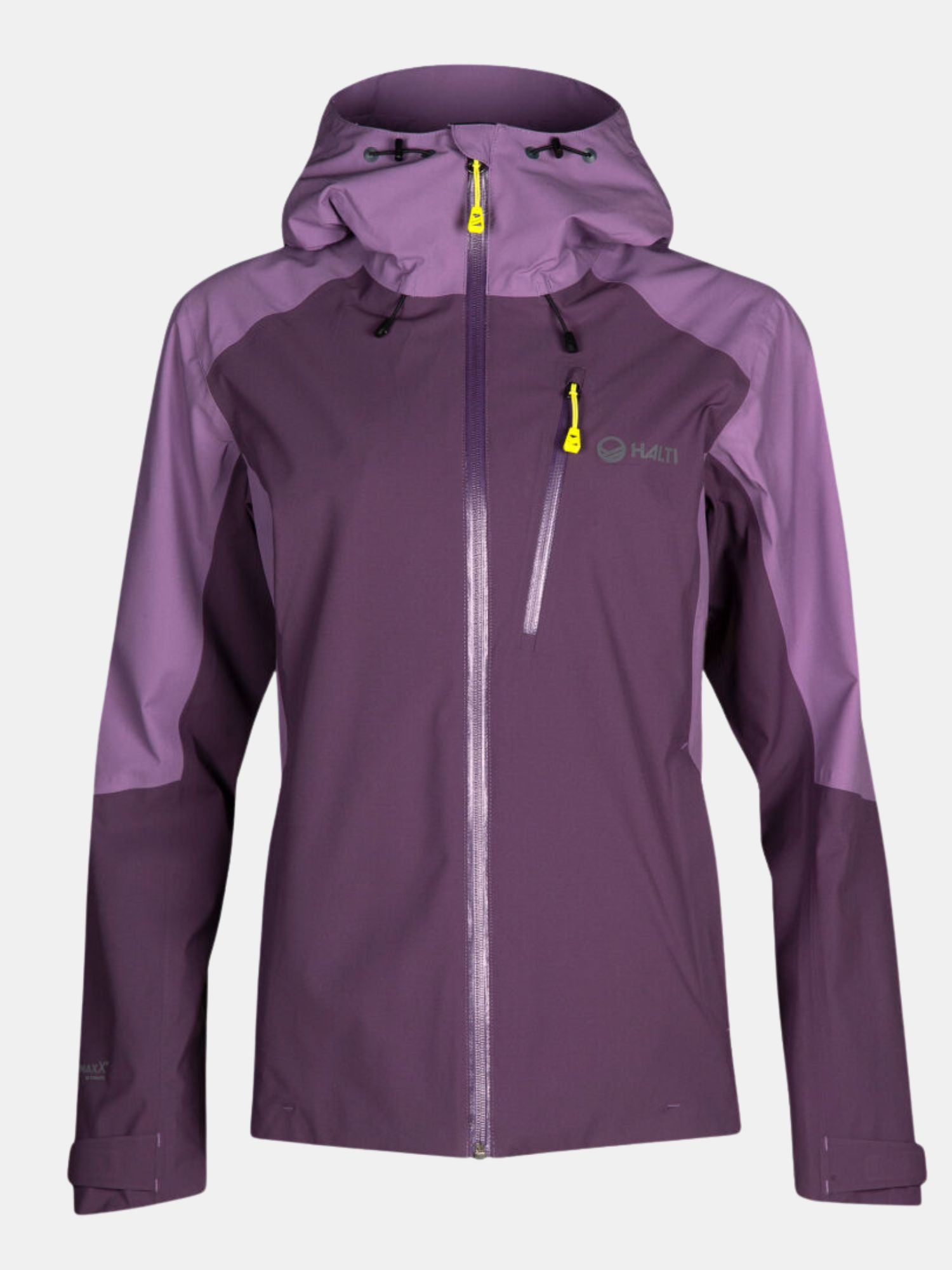 The Halti Biegga Neve DrymaxX Shell Jacket in purple features yellow zipper pulls and a chest pocket on a plain background.
