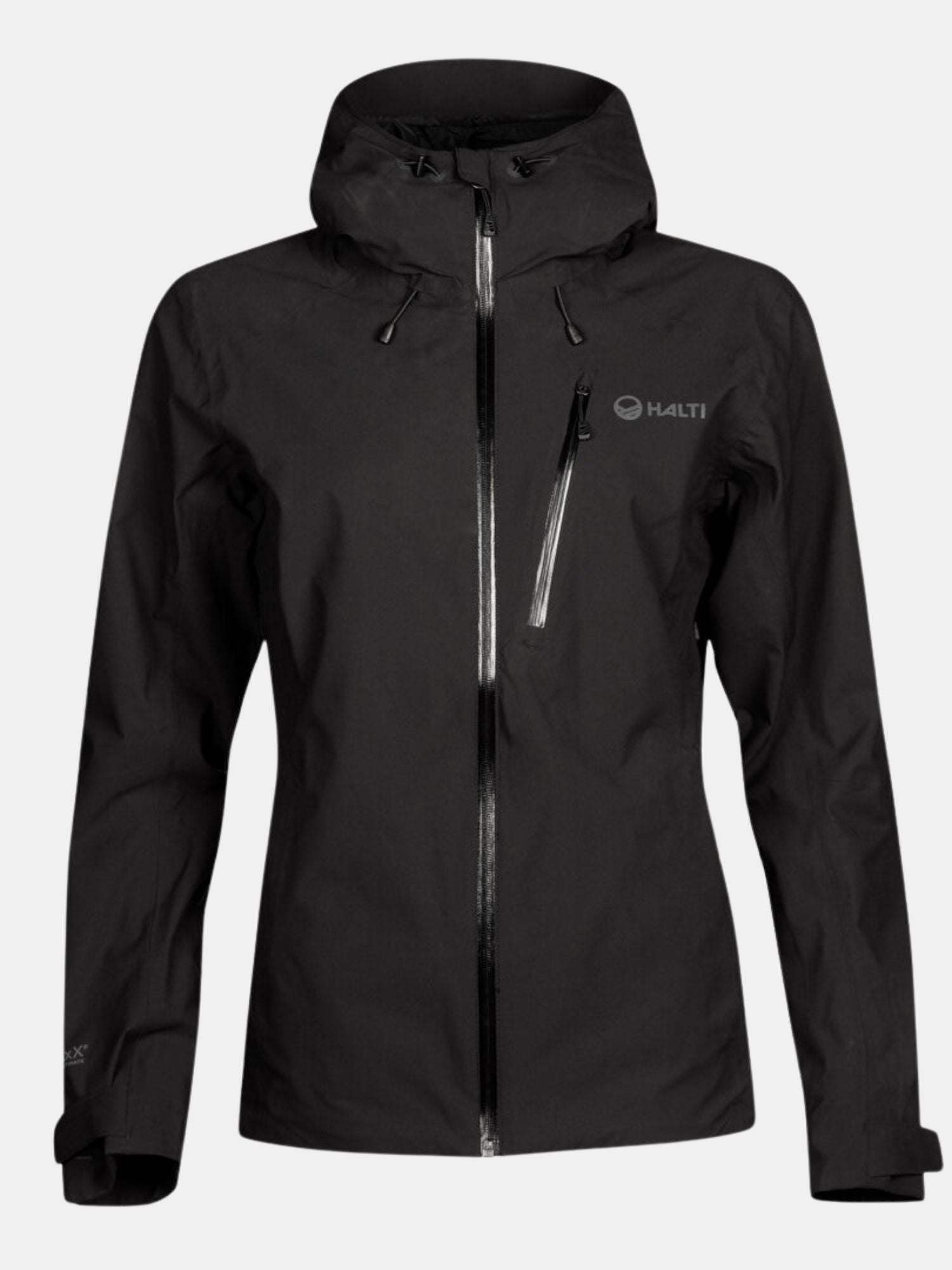 A black Biegga Neve DrymaxX Shell Jacket by Halti with hood, front zipper, chest pocket, and left-side logo.
