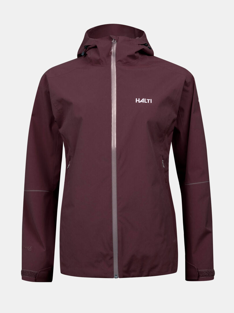 The Halti Forter DX Shell Jacket Women's is maroon with a hood and front zipper—ideal for hiking and outdoor use.