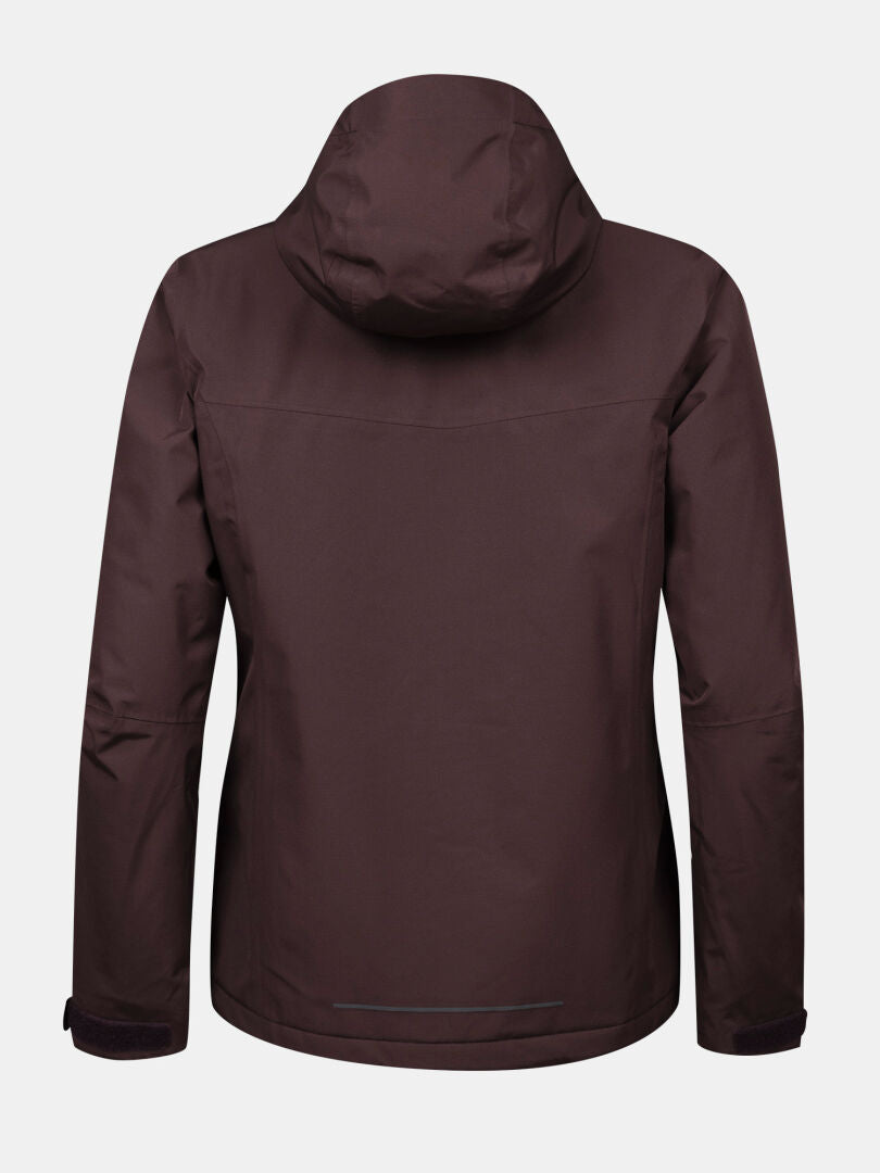 Back view of the Halti Forter DX Shell Jacket Women's in dark brown, long sleeves, straight hem, on a plain background.
