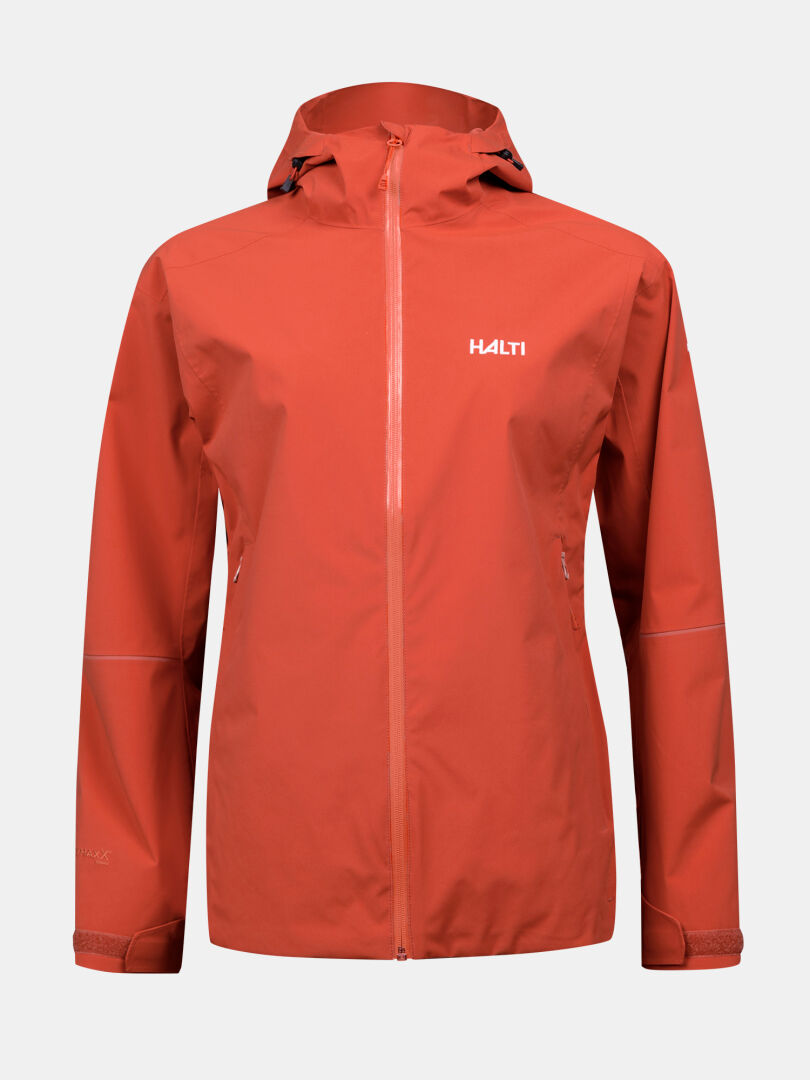 Front view of the Halti Forter DX Shell Jacket Women's—an orange waterproof zip jacket for hiking and outdoors.