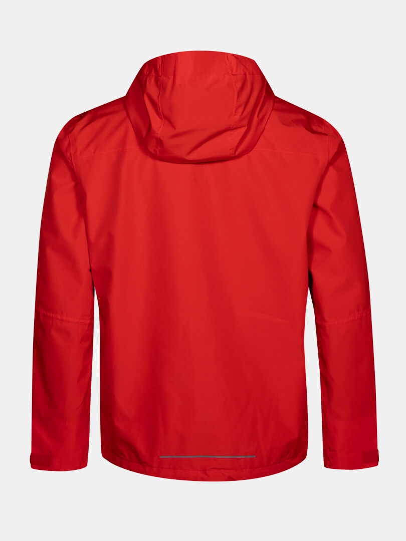 Back view of Halti Forter DX Shell Jacket Men's in red with hood, ideal for hiking, shown on light gray background.
