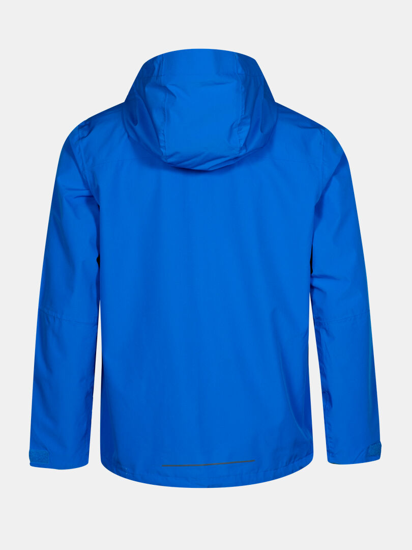 The Halti Forter DX Shell Jacket Men's in bright blue, shown from the back, is ideal for hiking and outdoor adventures.