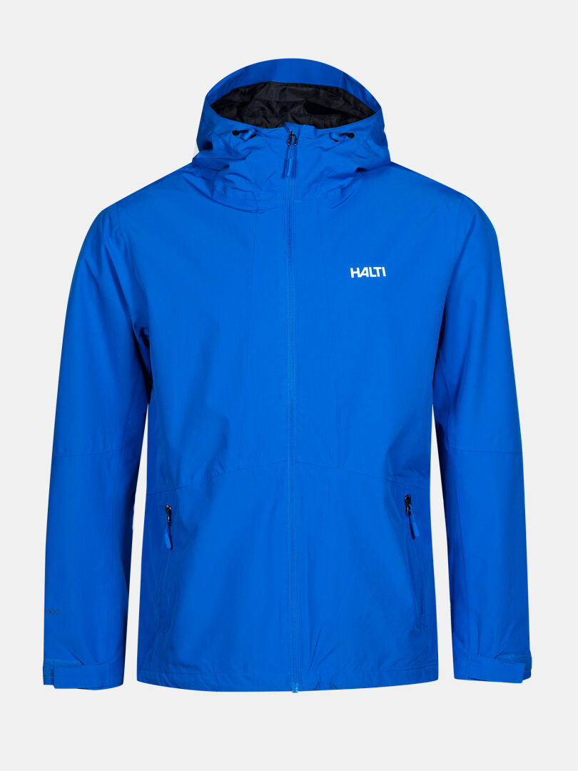 Halti Forter DX Men's bright blue shell jacket with hood, chest logo, and two pockets—ideal for hiking and outdoors.