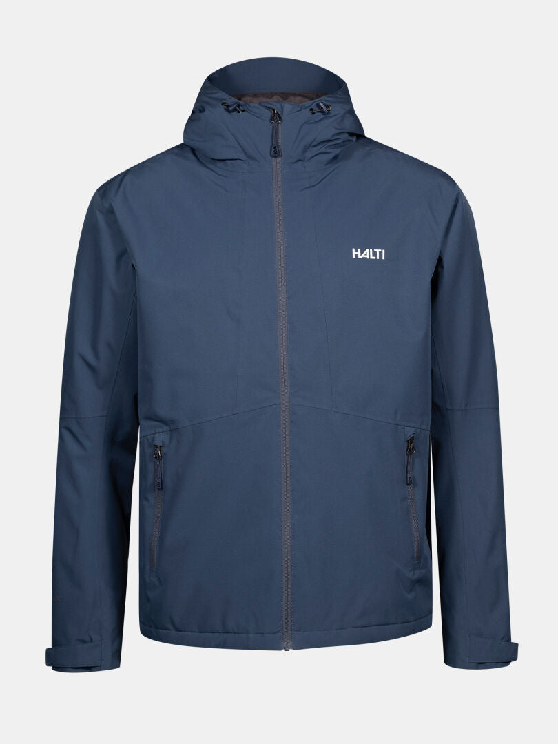 Halti Forter DX Shell Jacket Men's: navy zip-up with hood, 2 side pockets, and logo on left chest.