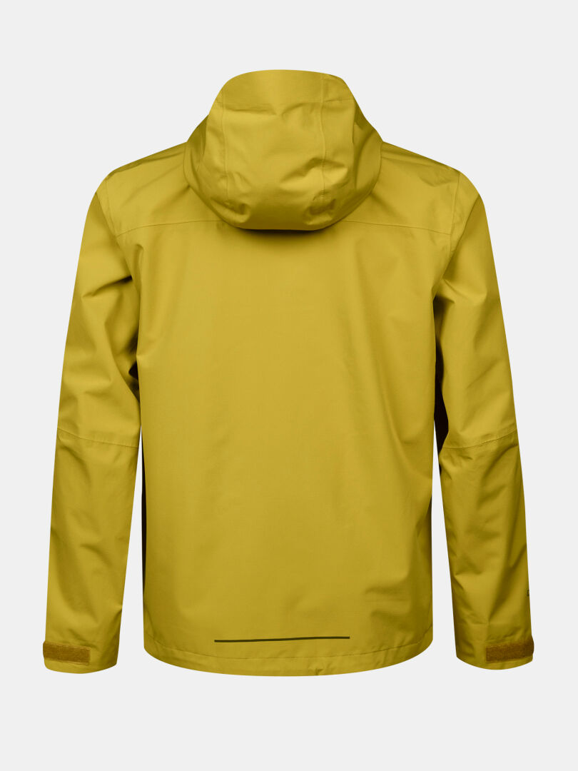 The Halti Forter DX Shell Jacket Men's in yellow is shown from the back with long sleeves and a smooth, waterproof finish.