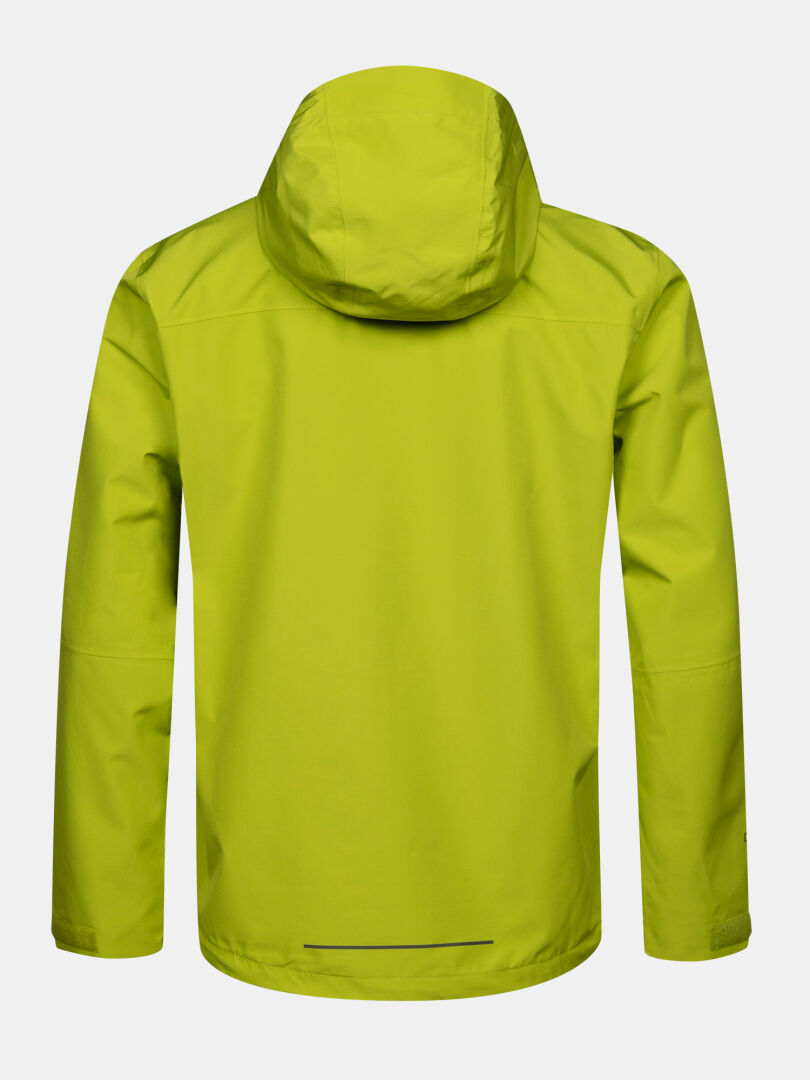 Back view of Halti Forter DX Shell Jacket Men's in bright yellow-green with hood, ideal for hiking, on white background.