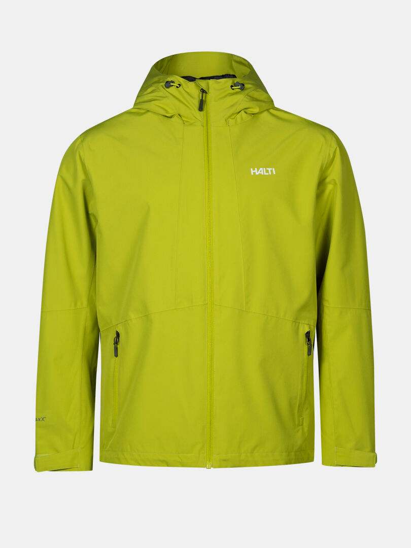 The Halti Forter DX Shell Jacket Men's in lime green, with zip pockets and logo, is ideal for hiking and outdoors.