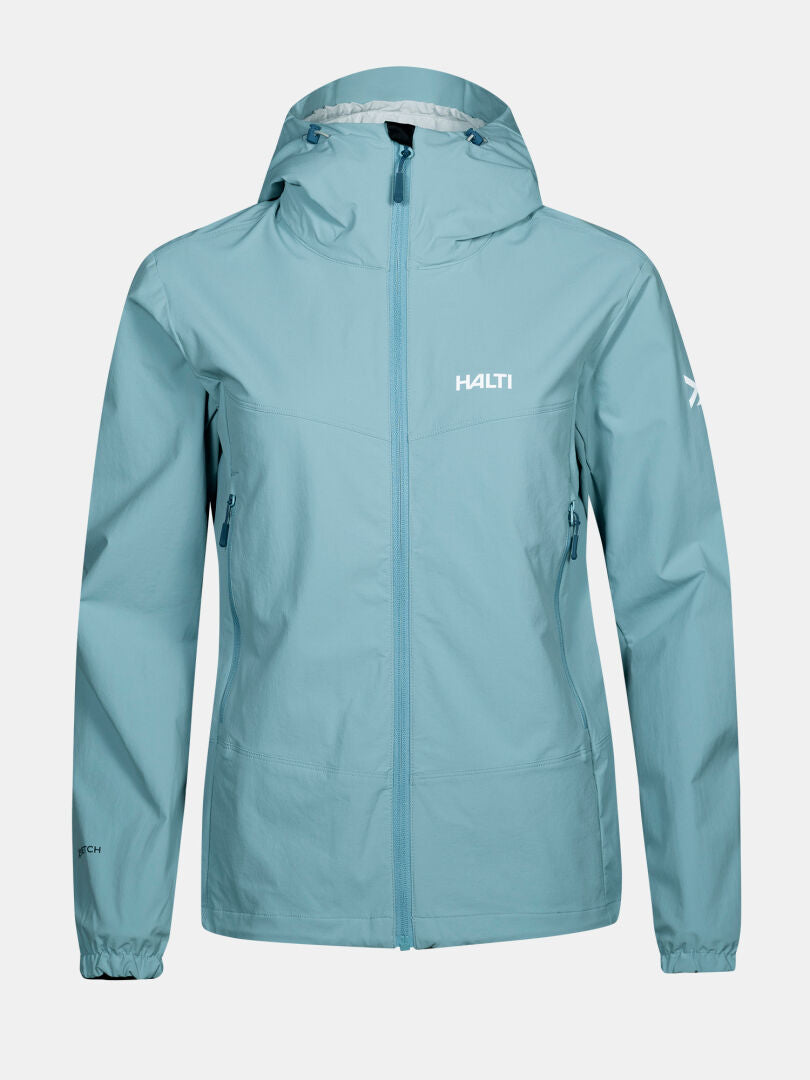 Halti Pallas Evo X-stretch Women's jacket, light blue, with hood, zip pockets, and white chest & sleeve logos.