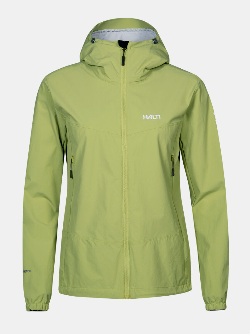 Halti Pallas Evo X-stretch Jacket Women's in light green with front zipper, side pockets, and chest logo.