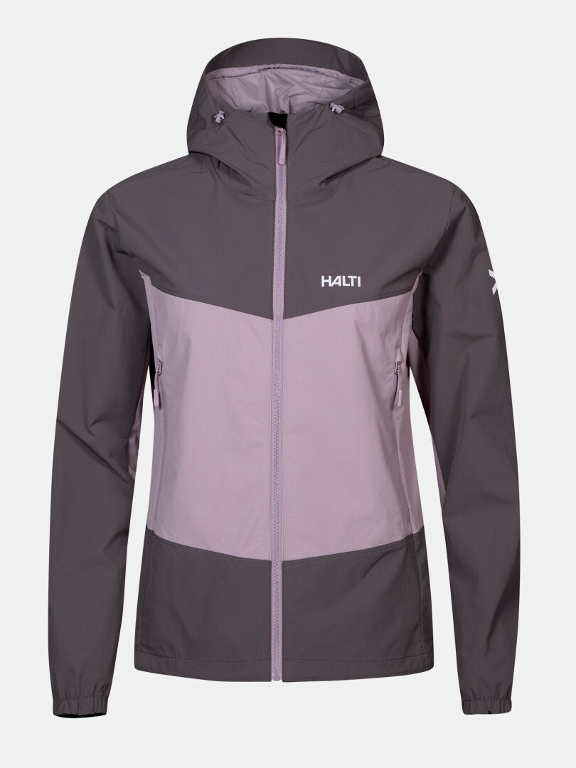 Halti Pallas Evo X-stretch Jacket Women's, two-tone purple, with front zipper, zip pockets, and chest/sleeve logos.