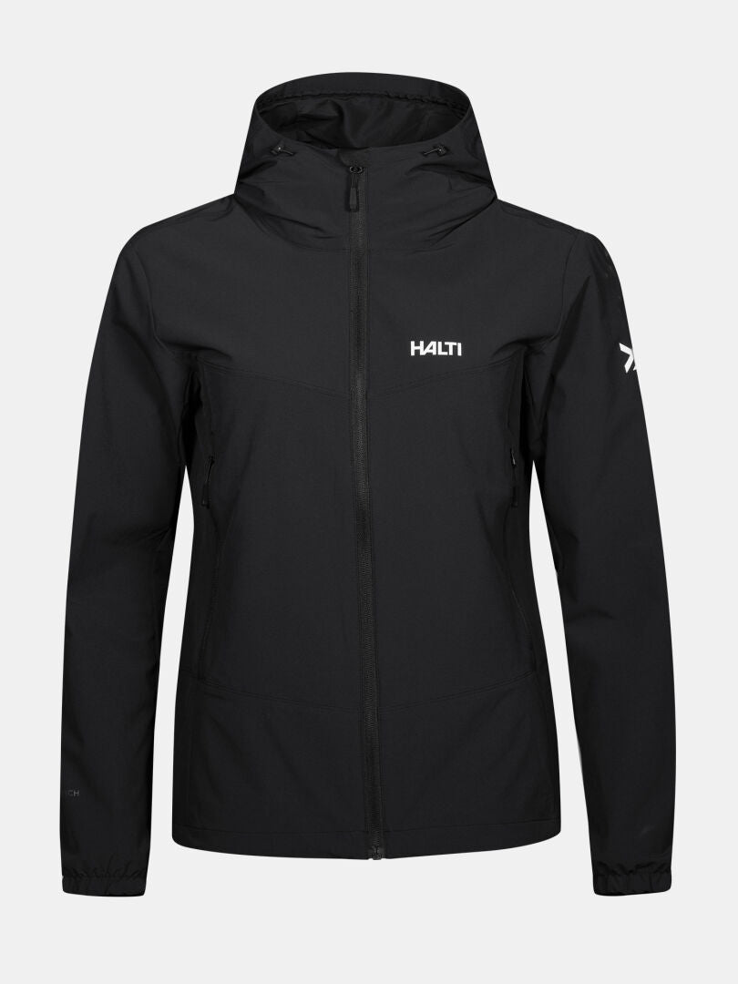 Halti Pallas Evo X-stretch Women's Jacket: black, full zip, side pockets, logo on chest and left sleeve.