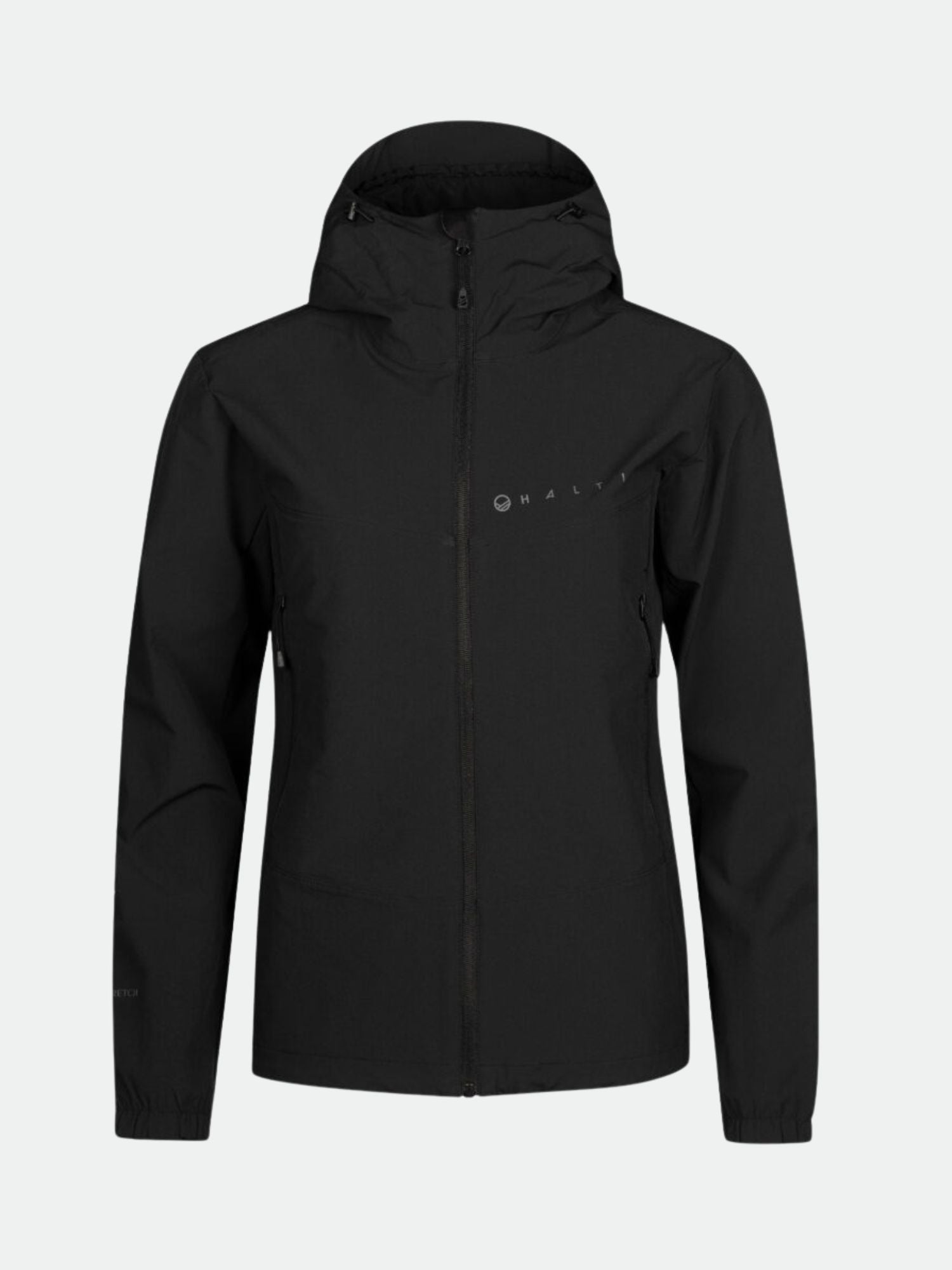 Halti Pallas Evo X-stretch Women's Jacket in black with front zipper and chest logo, shown on a plain light background.