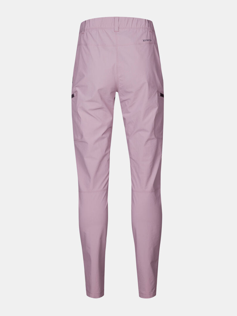 Back view of Halti Pallas Evo X-stretch Women's Pants in light purple with elastic waist, side zip pockets—breathable outdoor wear.