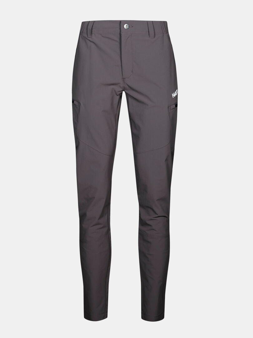 Straight-on view of Halti Pallas Evo X-stretch Pants Women's in gray with button closure, zip fly, and side pockets.