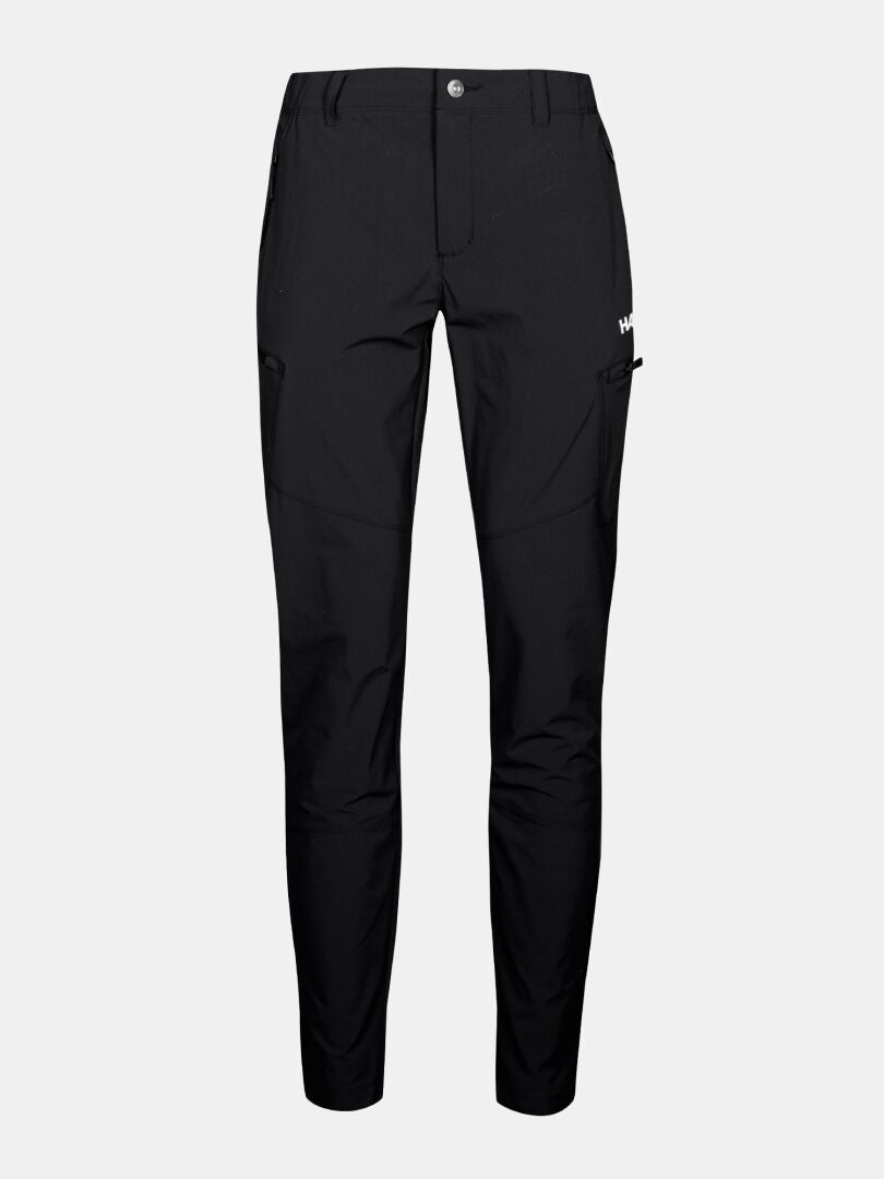 Halti Pallas Evo X-stretch Pants Women's: black, slim-fit, zippered pockets, button closure on plain background.