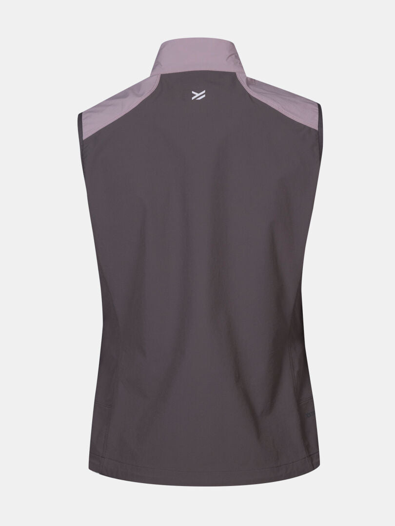 The Halti Pallas Evo X-stretch Women's Vest is sleeveless, two-tone, with a high collar and back logo.