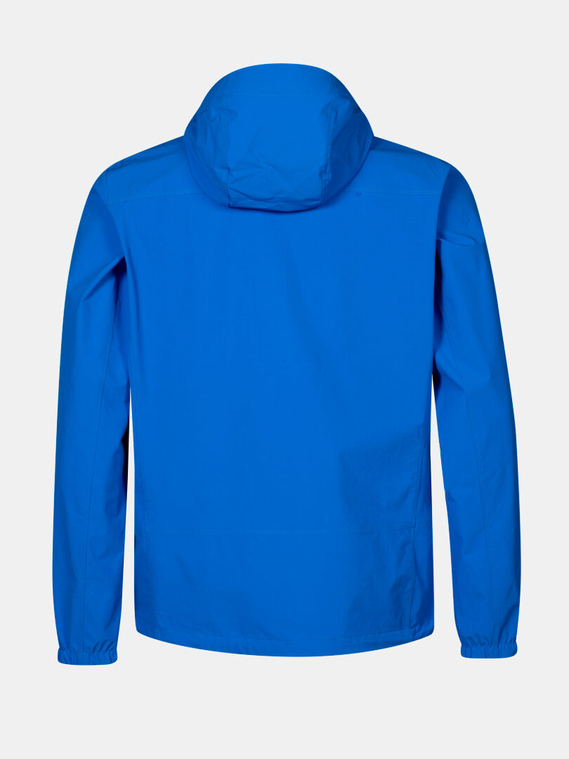 The Halti Pallas Evo X-stretch Men's Jacket, bright blue and hooded, is shown from the back on a white background.