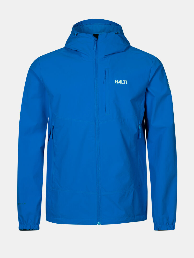 The Halti Pallas Evo X-stretch Men's Jacket in blue features zippered pockets and logo on chest, shown on plain background.