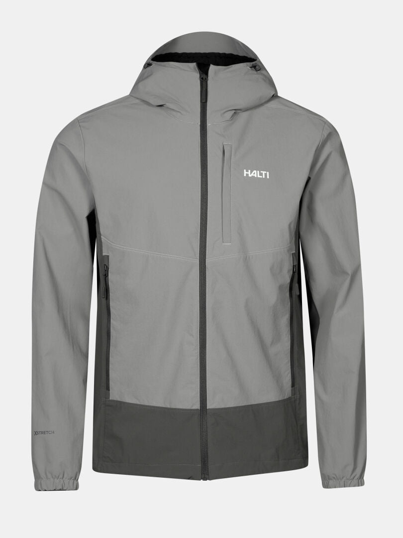 The Halti Pallas Evo X-stretch Jacket Men’s is light gray with black zippers and a chest logo, shown on a plain background.