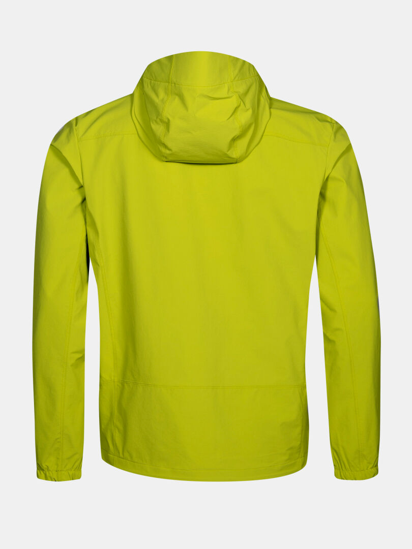 The Halti Pallas Evo X-stretch Jacket Men's in bright yellow features a hood, long sleeves, and elastic cuffs, back view.